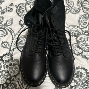 Dr. Martens Black Leather Combat Boots with Yellow Stitching